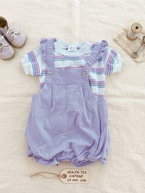 Vintage Health-tex Baby Girl Overalls Set –24M– Purple Bubble Shortalls USA Made